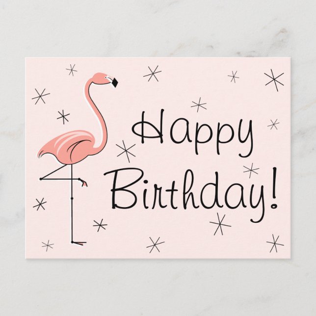 Cartão postal "Feliz Aniversário" rosa flamingo (Frente)