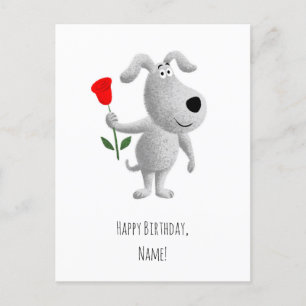 Cartão Postal Feliz Aniversário, Rosa vermelha de Cachorro Feliz