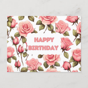 Cartão Postal Feliz Aniversário - Rosas de Aquarela Rosa