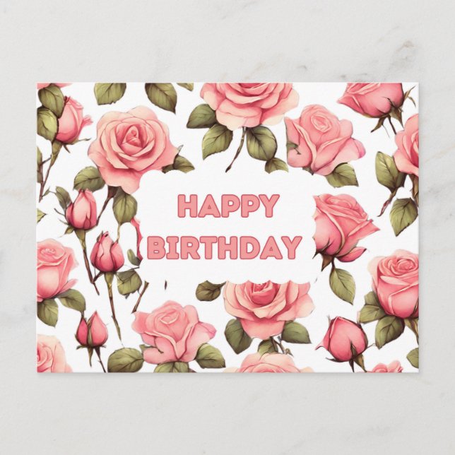 Cartão Postal Feliz Aniversário - Rosas de Aquarela Rosa (Frente)
