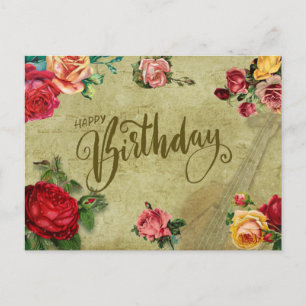 Cartão Postal Feliz Aniversário Rosas e Violino Vintage Vibrante