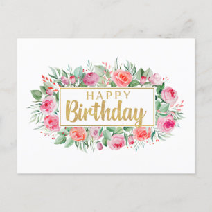 Cartão Postal Feliz Aniversário Rosas Rosa Aquarela