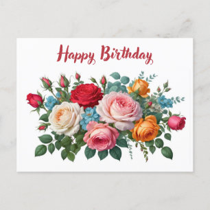 Cartão Postal Feliz Aniversário Rosas Vintage Elegantes