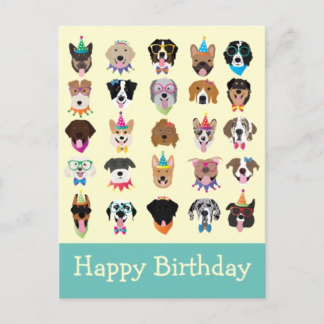 Cartão Postal Feliz Aniversário Rostos de Cachorro Animais de Fe (Frente)