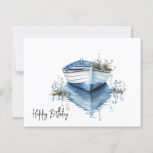 Cartão Postal Feliz Aniversário Rowboat Blue Flowers