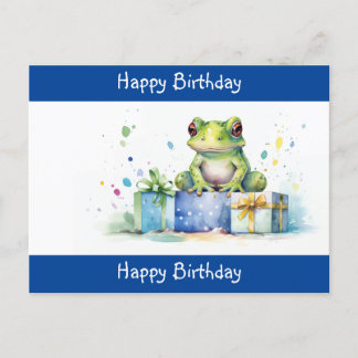 Cartão Postal Feliz Aniversário Sapo Verde Fofo com presentes em