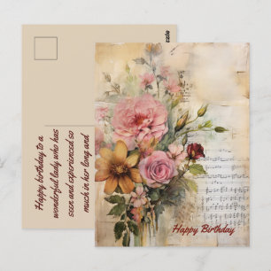 Cartão Postal Feliz Aniversário Senhora Grunge Floral 17
