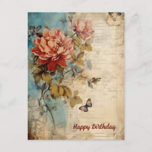 Cartão Postal Feliz Aniversário Senhora Grunge Floral 20
