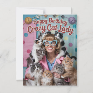 Cartão Postal Feliz Aniversário senhora louca dos gatos engraçad