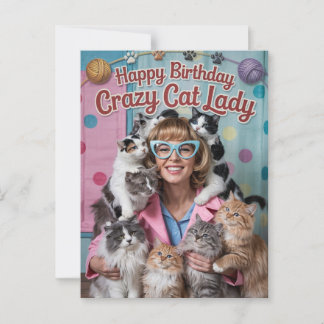 Cartão Postal Feliz Aniversário senhora louca dos gatos engraçad