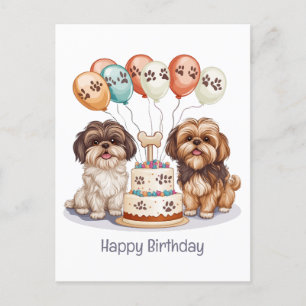 Cartão Postal Feliz Aniversário Shih Tzu Cães Bolo de Aniversári