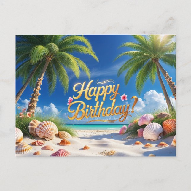 Cartão Postal Feliz Aniversário Sumer Praia Tropical (Frente)