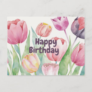 Cartão Postal Feliz Aniversário Tulipas Florais Abstratas Aquare
