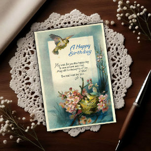 Cartão Postal Feliz Aniversário Vintage 1917 Ninho de Pássaros