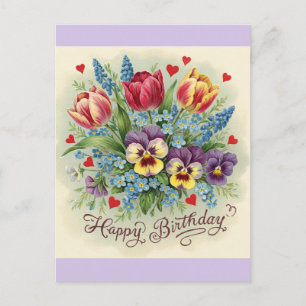 Cartão Postal Feliz Aniversário Vintage Floral Colorido Retro