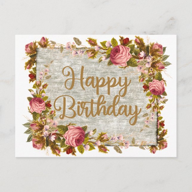 Cartão Postal Feliz Aniversário Vintage Rosas de Aquarela (Frente)