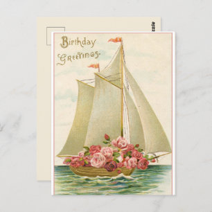 Cartão Postal Feliz Aniversário Vintage Sail Boat Cheio de Rosas