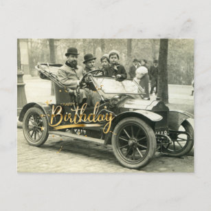Cartão Postal Feliz Aniversário Vintage Velho Carro e Pessoas