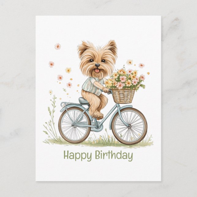 Cartão Postal Feliz Aniversário Yorkie Andando de Bicicleta Flor (Frente)