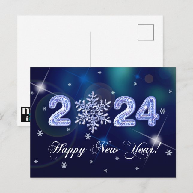 Cartão Postal Feliz ano novo 2024. Flocos de neve e números de g (Frente/Verso)
