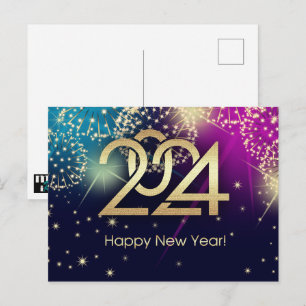 Cartão Postal Feliz Ano Novo 2024. Fogos de Artifício 