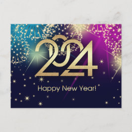 Cartão Postal Feliz Ano Novo 2024. Fogos de Artifício