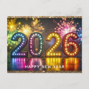 Cartão Postal Feliz Ano Novo 2026 Moderno Fogos de Artifício Bri