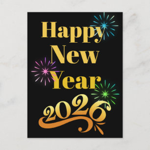 Cartão Postal Feliz Ano Novo 2026 Ornado a Dourado Fogos de Arti