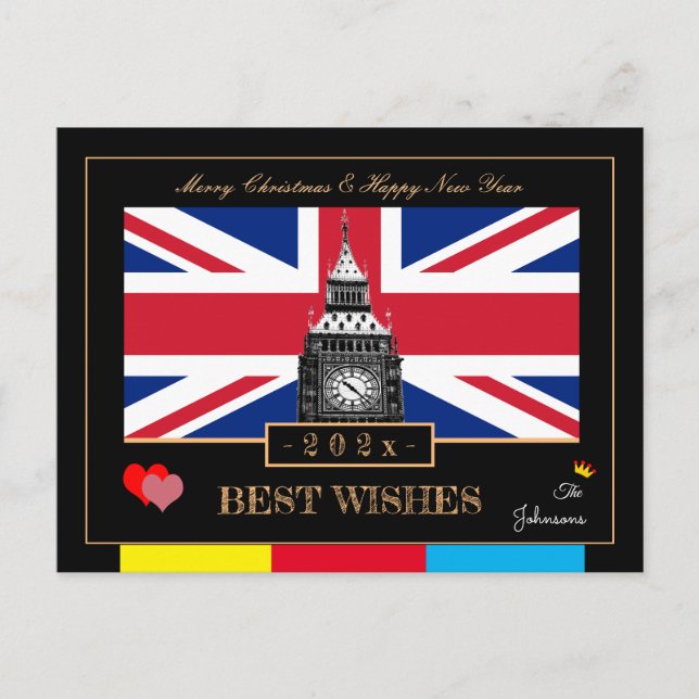 Cartão Postal Feliz Ano Novo 202x, Bandeira Britânica, Big Ben R (Frente)