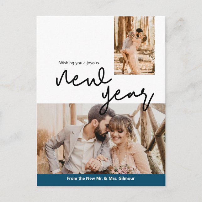 Cartão Postal Feliz ano novo Azul Newlyweds Sr. e Sra. (Frente)