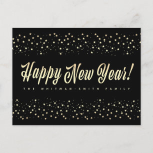 Cartão Postal feliz ano novo Black Dourado Stars Family