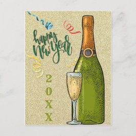 Cartão Postal Feliz ano novo Champagne Dourada Glitter