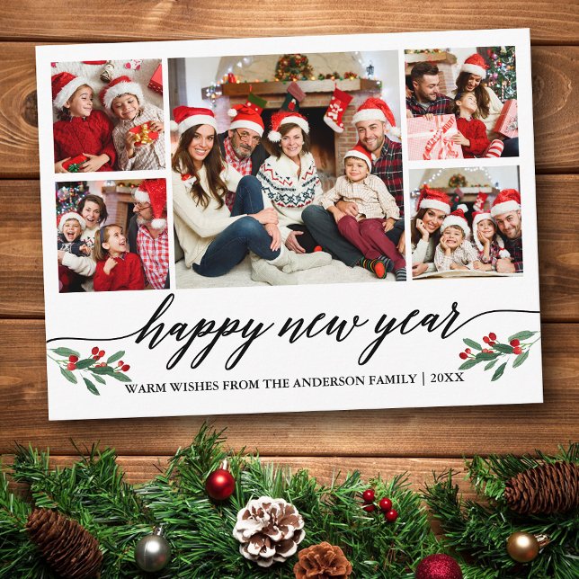 Cartão Postal Feliz ano novo da família de fotos Modern Calliogr (Customize to change your personalized text size or text style.)