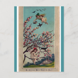 Cartão Postal Feliz ano novo das Fadas de Vintage e da Cereja Bl