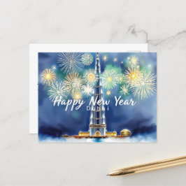 Cartão Postal Feliz ano novo Fireworks sobre o Skyline de Dubais