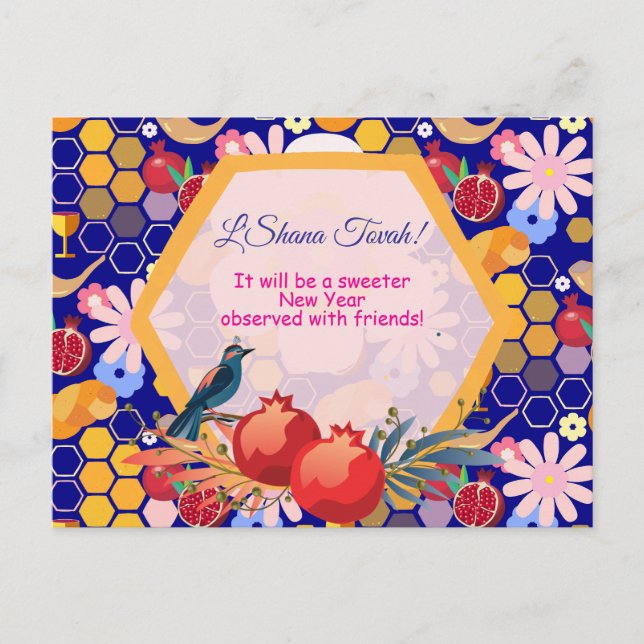 Cartão Postal Feliz Ano Novo Judaico Rosh Hashanah Padrão Floral (Frente)