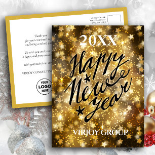 Cartão Postal Feliz ano novo Script de Estrelas Douradas Festiva