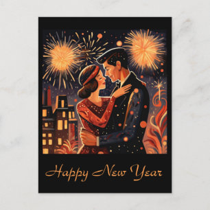 Cartão Postal Feliz ano novo Vintage Fireworks Art Casal Deco