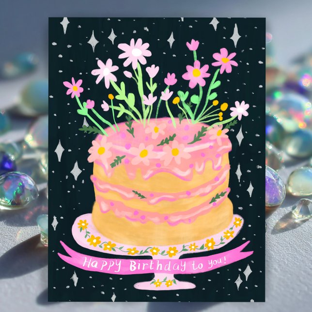 Cartão Postal Feliz Bolo de Diversão de Aniversário com Flores R (Happy Birthday Fun Cake with Pink Flowers Gouache Postcard
)