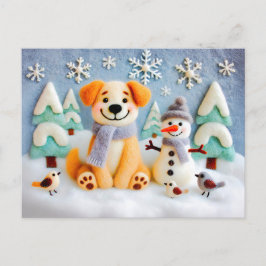Cartão Postal Feliz Cachorro Jogando Neve com Snowman e Pássaros
