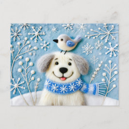 Cartão Postal Feliz Cão na Neve com Scarf e Pássaro