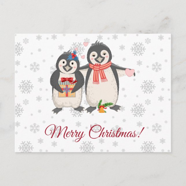 Cartão Postal Feliz Casal Pinguim Feliz de Natal (Frente)