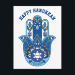 Cartão Postal 🕎 Feliz Chanucá, Mão de Miriam, personalizável<br><div class="desc">Feliz Hanukkah, Mão de Miriam. Um cartão "Feliz Chanucá" com Miriam azul sobre fundo branco e limpo, com delicados elementos amarelos, exumenta um ambiente sereno e festivo. A design combina lindamente elementos simbólicos da tradição judaica com uma estética moderna. O ponto focal da carta é a Mão de Miriam, também...</div>
