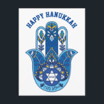 Cartão Postal 🕎 Feliz Chanucá, Mão de Miriam, personalizável<br><div class="desc">Feliz Hanukkah, Mão de Miriam. Um cartão "Feliz Chanucá" com Miriam azul sobre fundo branco e limpo, com delicados elementos amarelos, exumenta um ambiente sereno e festivo. A design combina lindamente elementos simbólicos da tradição judaica com uma estética moderna. O ponto focal da carta é a Mão de Miriam, também...</div>