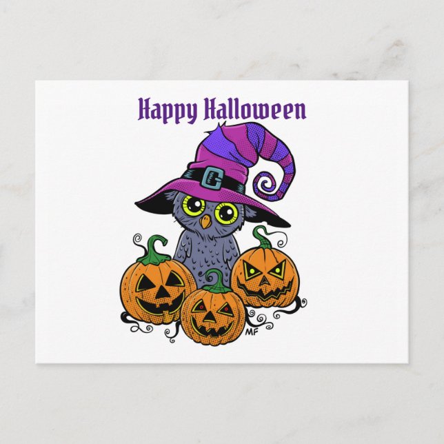 Cartão Postal Feliz coruja das Halloween e abóbora, personalizad (Frente)