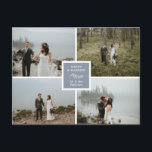 Cartão Postal Feliz de Colagem de Fotografias Elegante Azul e Ca<br><div class="desc">Cartão de Natal de casamento com quarto para quatro das suas fotos de casamento. Feliz e casado escrito contra azul ardente com uma bela ilustração de um galho folheado. Adicione suas próprias fotos,  e no verso,  uma nota pessoal.</div>