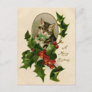 Cartão Postal Feliz de Natal Holly Kitten Arte Antiquada