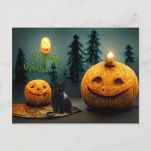 Cartão Postal Feliz Dia das Bruxas Assustador Pumpkins e Gato Ne