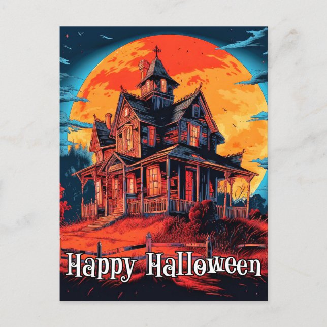 Cartão Postal Feliz Dia das Bruxas | Casa Assaltada Spooky (Frente)