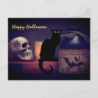 Cartão Postal Feliz Dia das Bruxas de Gato Negro Assustador e Ca